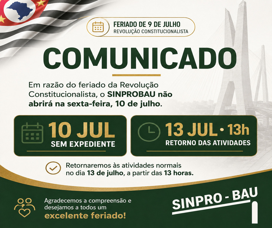 Comunicado: expediente no feriado de 9 de julho